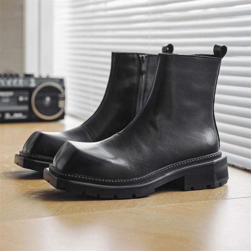 England Style Men Casual High Chelsea Boots Designer Square Toe Shoes Cowboy Genuine Leather Boot Handsome Platform Botas Hombre