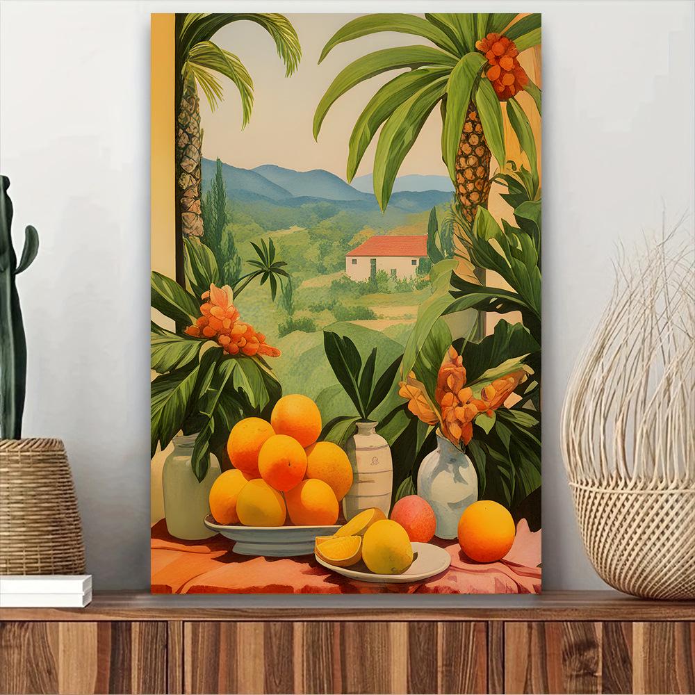 Modern Coastal Landscape Wall Art: Lemon Med Scenery Window Frame Design for Living Room & Bedroom