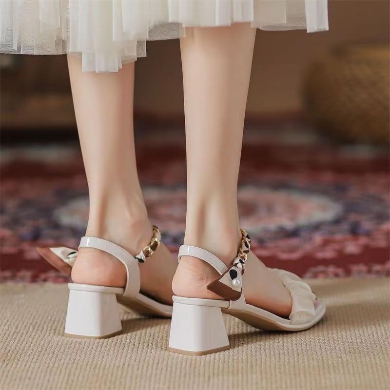 Fashion High Heeled Slippers Women’s Summer Versatile Thick-Heeled Medium-Heeled Fashion Women's High Heeled Shoes Sandals Women Shoes