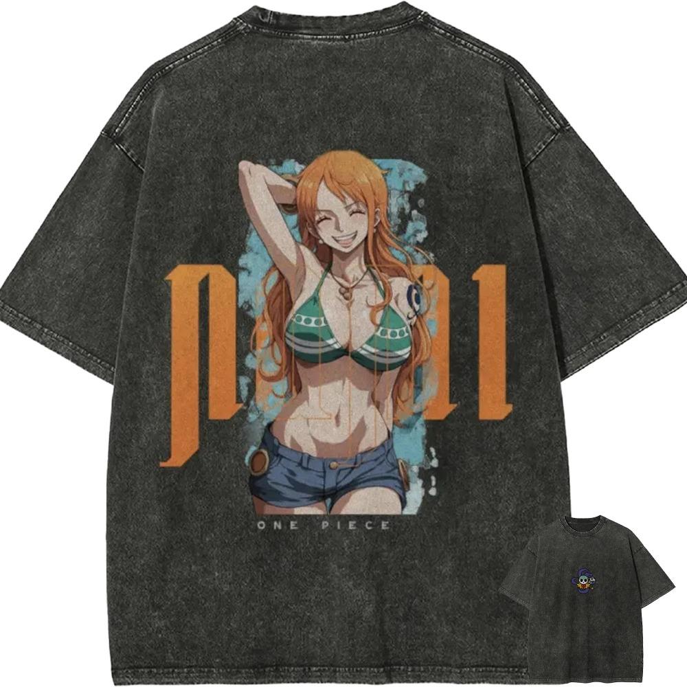 One Piece Нами Летнее приключение Винтажная стираная оверсайз черная футболка | Уличная футболка унисекс для фанатов сёнэн-аниме L