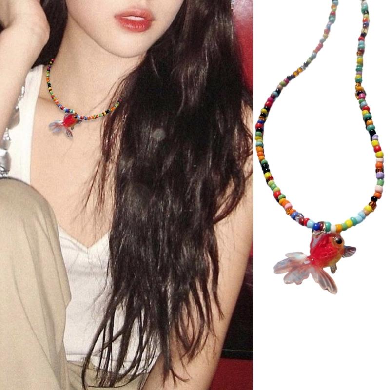 Elegant Resin Fish Pendant Necklace with Colorful Rice Beads Exquisite Beaded Necklace Party Jewelry for Wedding Holiday
