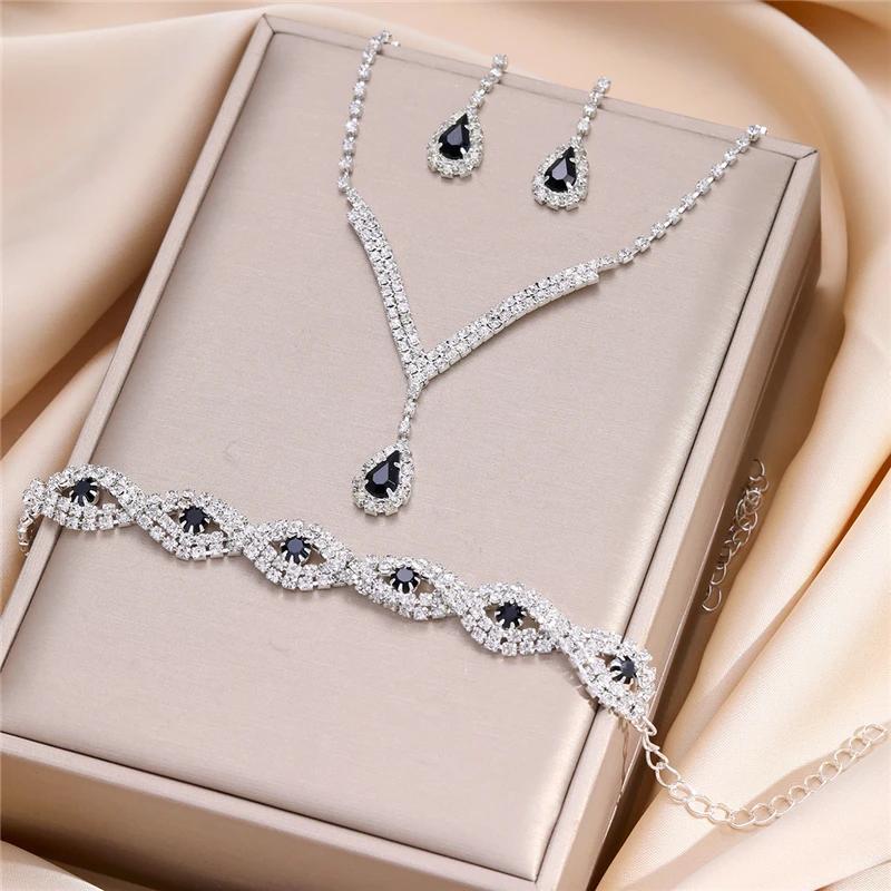 3 Pcs Luxury Rhinestone Bride Zircon Set for Women Black Water Drop Crystal Earrings Wedding V Necklace Eye Bracelet Fashion-