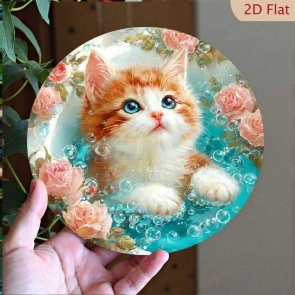 Vintage Cat Metal Sign 8 Inch Round Wall Art Cute Ginger Kitten Bubble Bath Pink Roses Turquoise Bubbles Home Decor