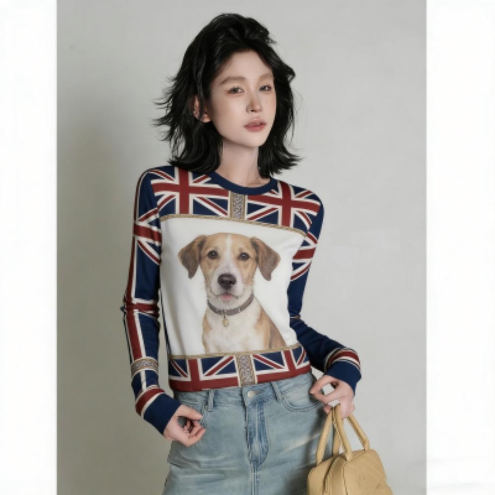 Europe America Fashion Fun Dog Print Women's T-shirt Casual Pullover Women Long Sleeve Clothing Outdoor Street Tees Top