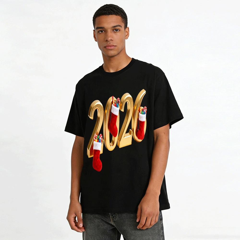 2026 Christmas Themed Candy Stocking Print Casual Top Pure cotton T-shirt