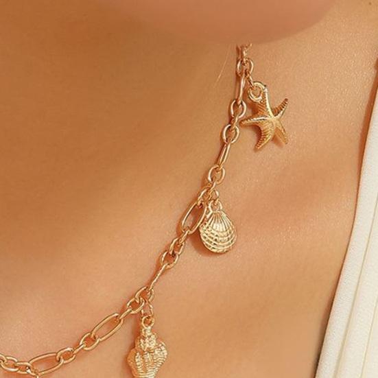 Summer Beach Necklace, Shell Conch Starfish Charms Necklace, Adjustable Coastal Style Necklace for Women Seaside Holiday Jewelry