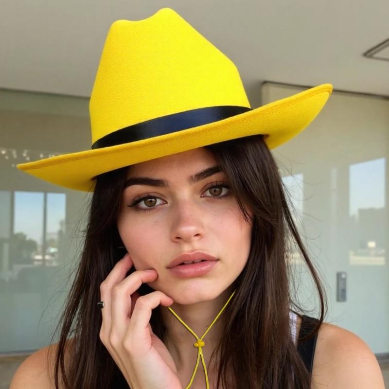 Cowboy Hat Yellow Trim Black Ribbon Band Western Hat Mustache Set Cowboy Cosplay Accessories For Men Halloween Role Play