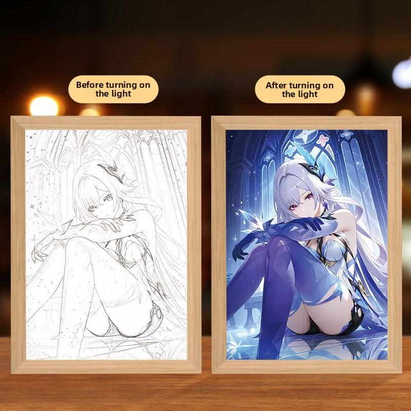 23cm/9.06in Genshin Impact Game Figure Mirror Light Painting Skock Peripherals Led Night Collectible Gift Birthday Bedroom Decor