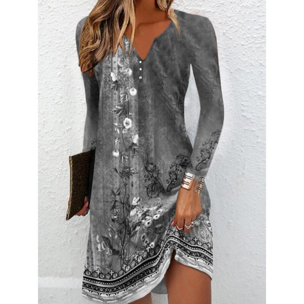 JPNTKY Women's Fashion Autumn Winter Floral Print Long Sleeve V-Neck Casual Dresses