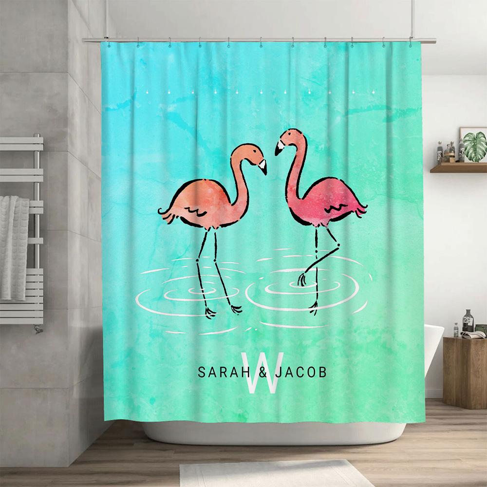 Colorful Flamingo Shower Curtain Personalized with Name and Initials for Bathroom Decorations