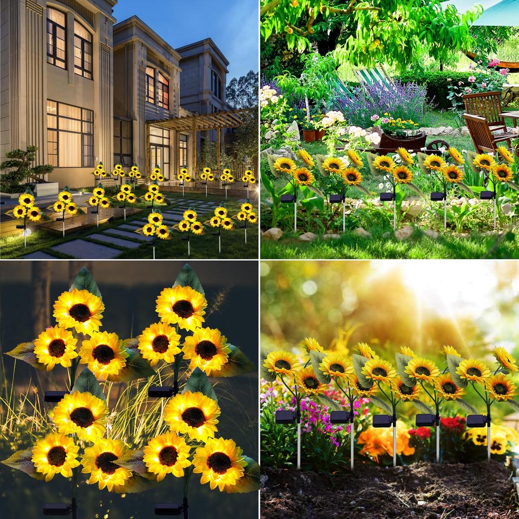 Solarbetriebene 3-Kopf-Sonnenblumen-Dekorationsleuchte, Wasserdichte Außenleuchte für Garten, Hof, Rasen, Atmosphären-Dekorationsbeleuchtung
