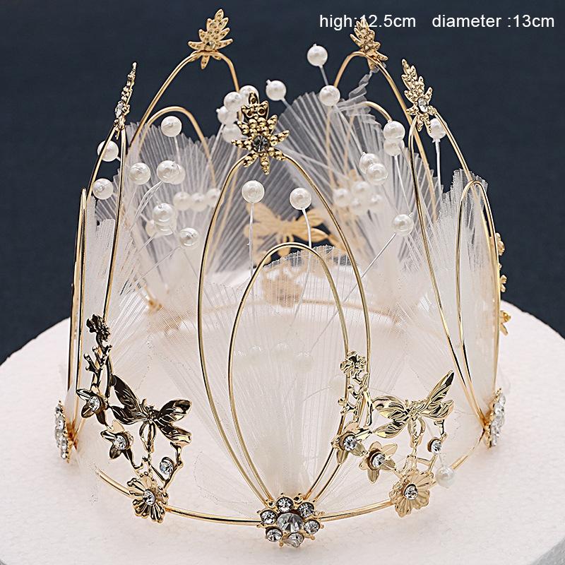 Fairy Princess Crown with Mesh Round Headwear with String Beads Queen Cake Decoration Costume Hair Accessory for Women Baking