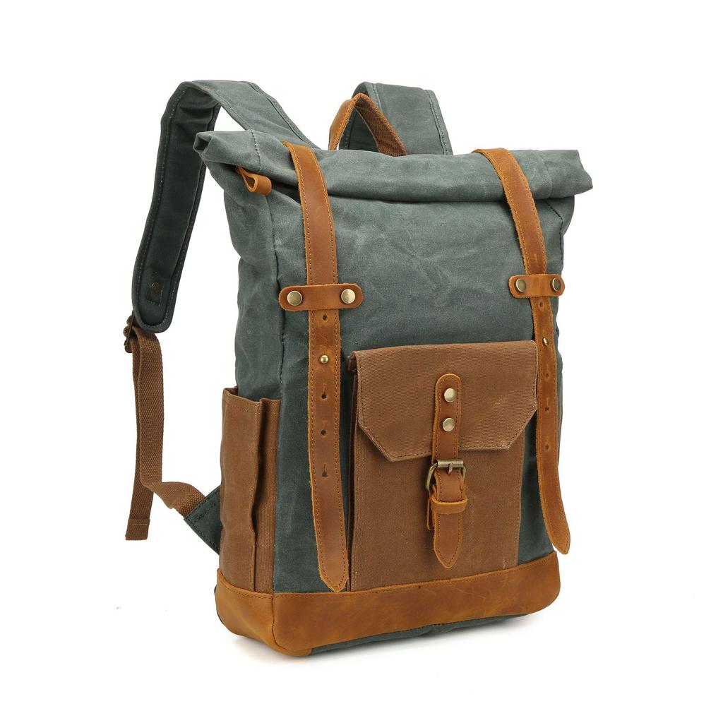 Retro Waxed Canvas Backpack with Leather Trim - Large Capacity, Pepper Salt Design, In Stock