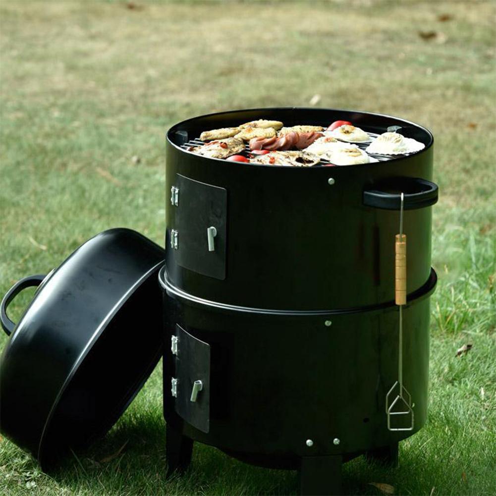 Afumător Vertical pe Cărbune cu Orificiu de Aerisire Grătar Afumător BBQ 2 Uși de Acces 3-în-1 Portabil Vertical Grătar Cazan pentru Petrecere Camping