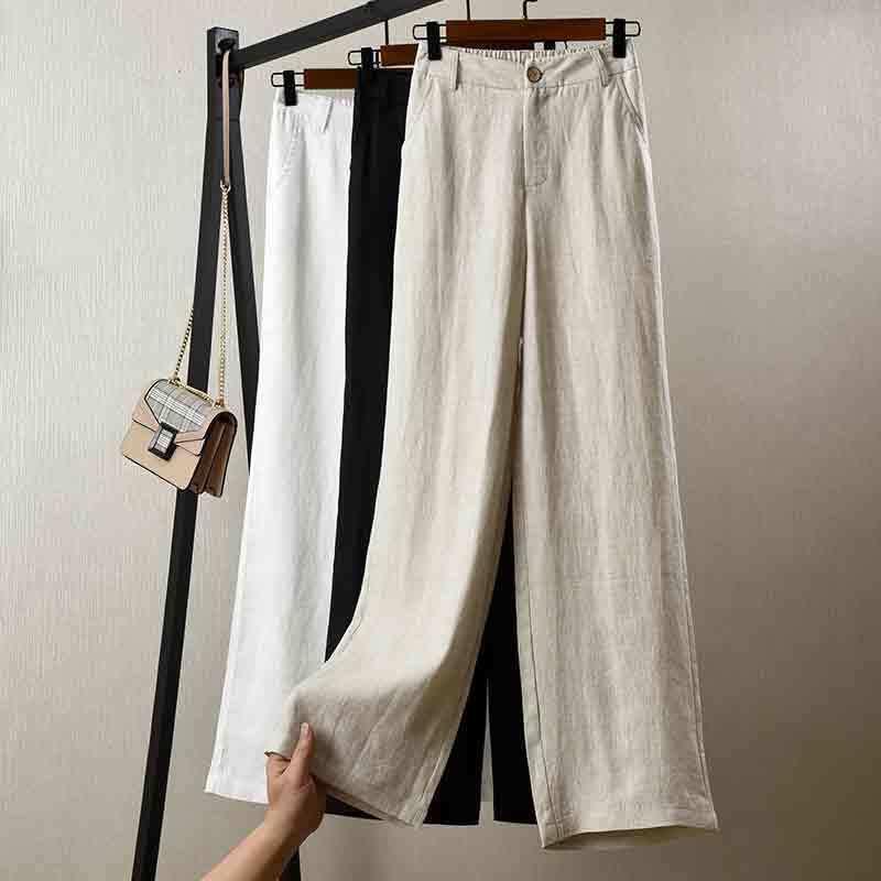 Women's High Waist Wide Leg White Linen-Cotton Pants - Korean Style, Slimming, Loose Fit, Straight Leg