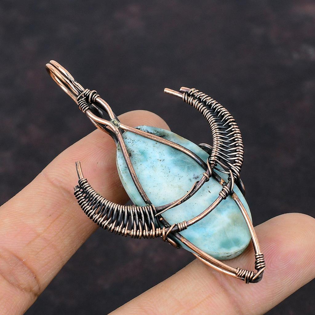 Larimar Pendant Copper Wire Wrapped Pendant Bull Face Shape Pendant Handmade Gemstone Pendant Copper Jewelry Wire Wrap Jewelry Gift For Her