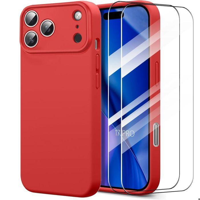 Protective Case - BOOLING - for iPhone 17 Pro - Slim Anti-Scratch Red Silicone - 2 Tempered Glasses