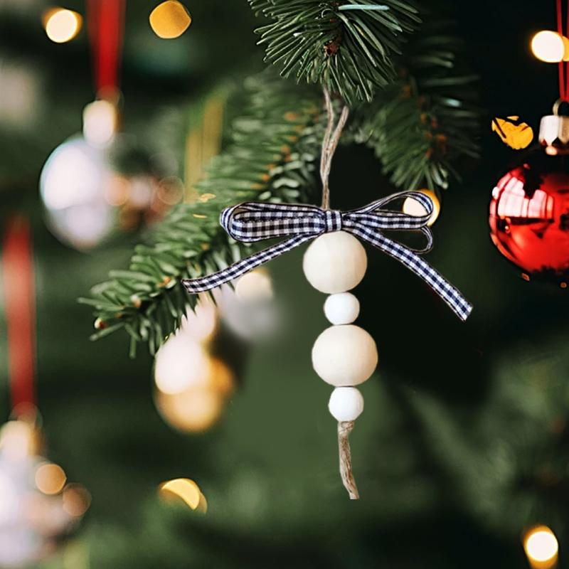 Christmas Christmas Ornaments Plaid Ribbon Wooden Beads Minimalist Style Bag Pendant Farm Style 15cm