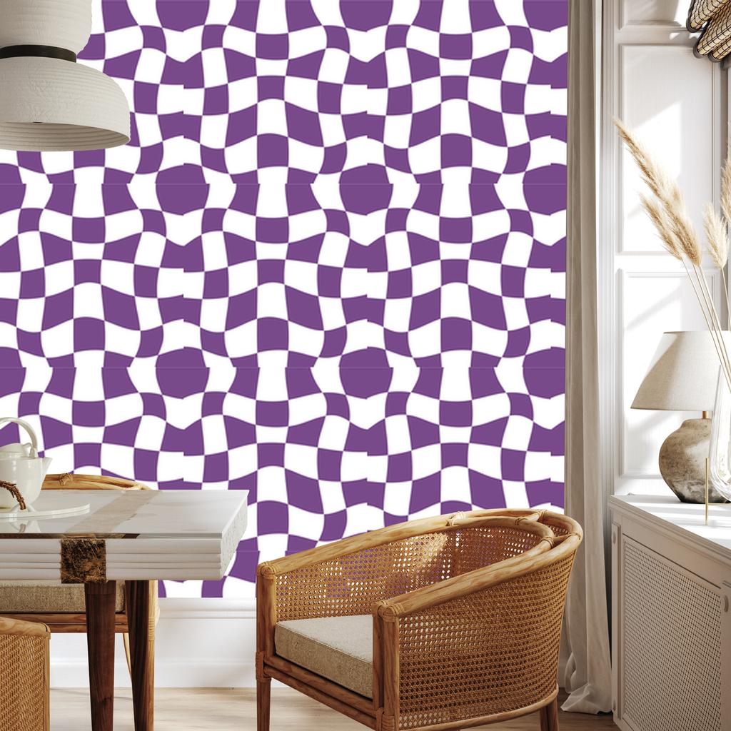 Wallpaper Casual Checkerboard Purple, White and Light Gray 50x1000