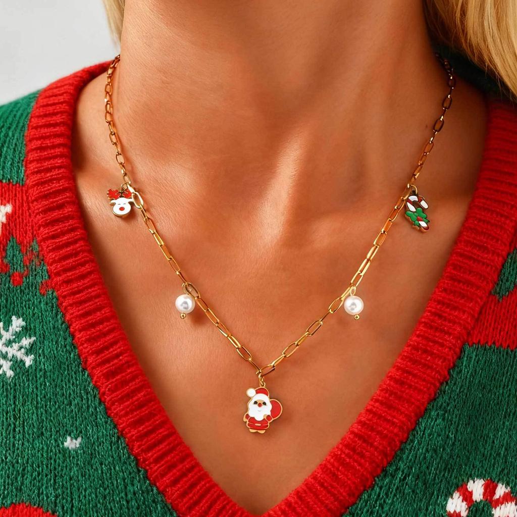 Christmas Necklace Party Holiday Gift Versatile Santa Claus Elk Snowman Stainless Steel Jewelry Women