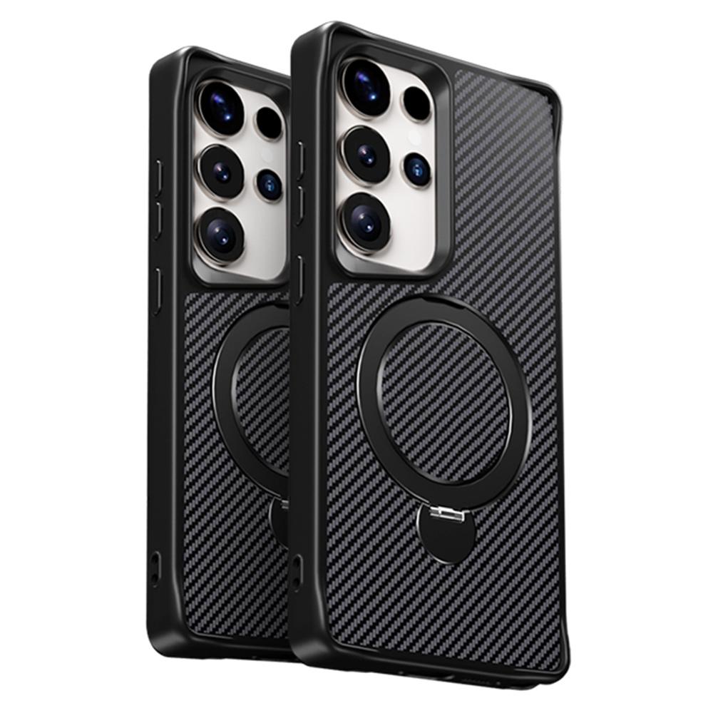 

For Samsung Galaxy S25 Ultra Phone Case with Magnetic Kickstand TPU+PC Carbon Fiber Back Cover Black