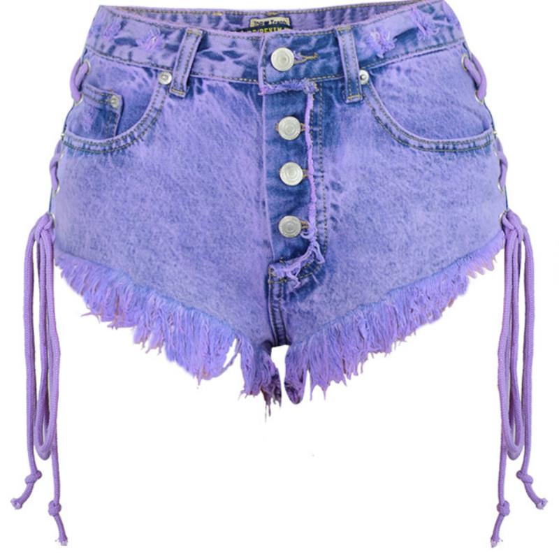 

FGHJ Самосовершенствование Двусторонние джинсовые шорты с высокой талией и повязками XL фиолетовый
