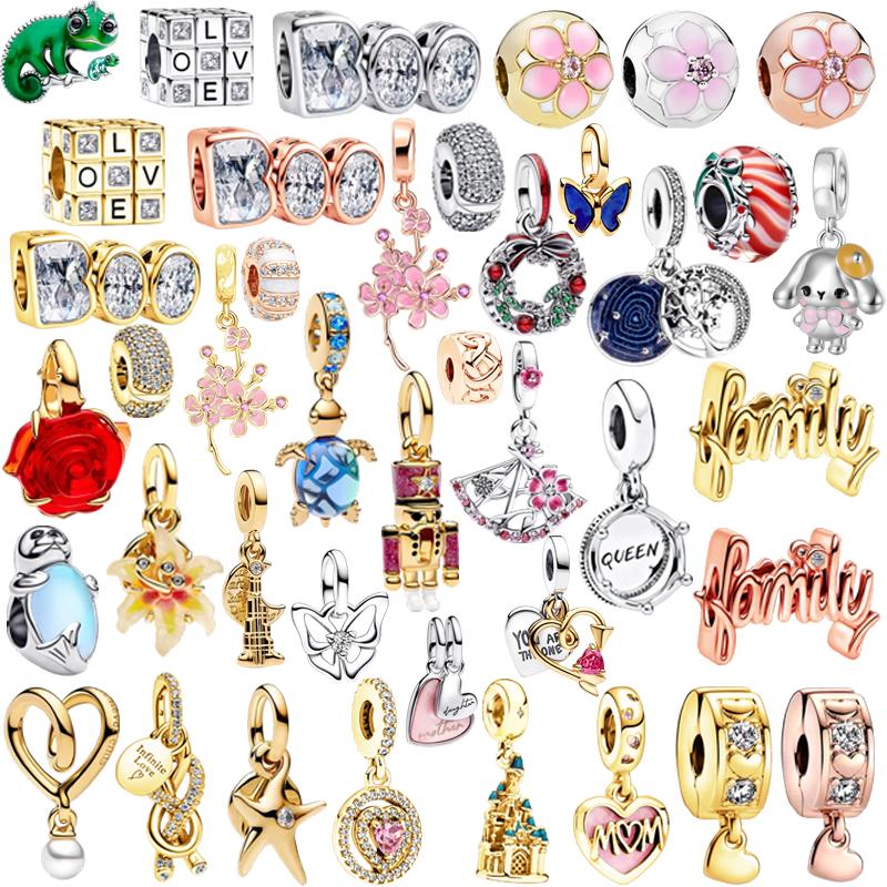 Ensemble de Pendentifs Charms Perles DIY pour Bracelet Argenté Série Fleur Cœur Caméléon Cube Cadeau Bijoux