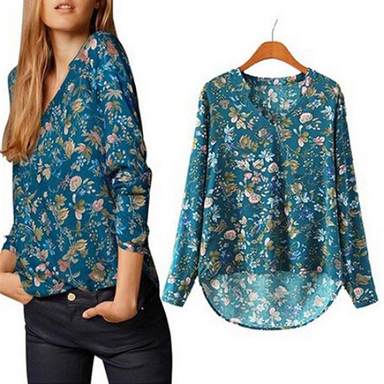 Women Casual Long Sleeve V-neck Floral Print Shirt Chiffon Blouse Irregular Top