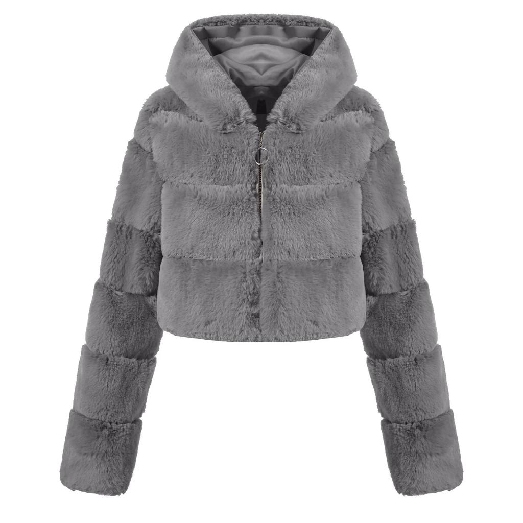 Y2k Streetwear Women Autumn Winter Faux Fur Coat Hooded Cropped Jacket Fur Coat Long Sleeve Cardigan Soft Tops Vintage Harajuku