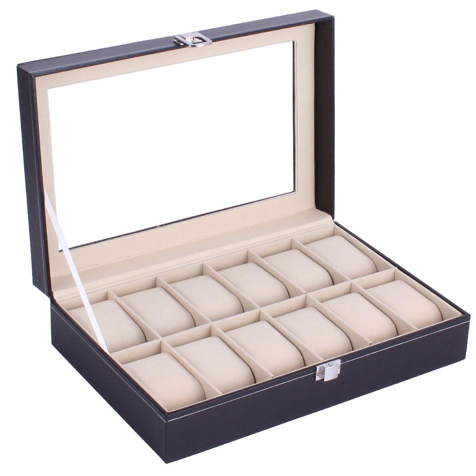 12 rom Skinnklokkeboks Utstillingsveske Holder Svart Oppbevaringsboks Glass Smykkeorganisator for Menn og Kvinner Beste Gaveeske