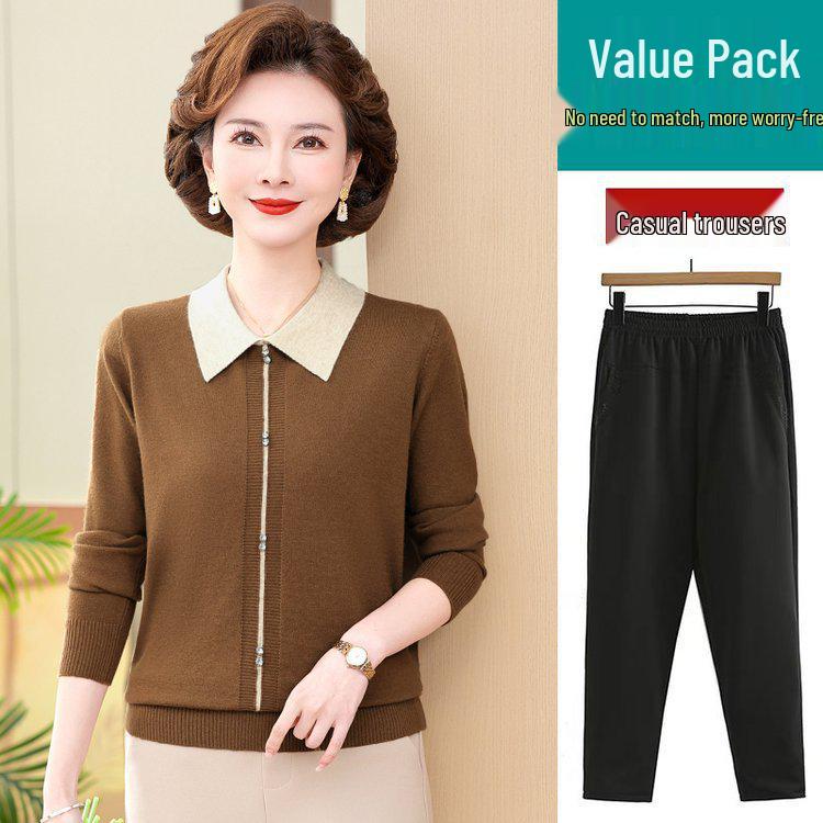 Elegant Knit Lapel Sweater for Middle-aged and Elderly Women—Long Sleeve Base Layer for Spring and Autumn