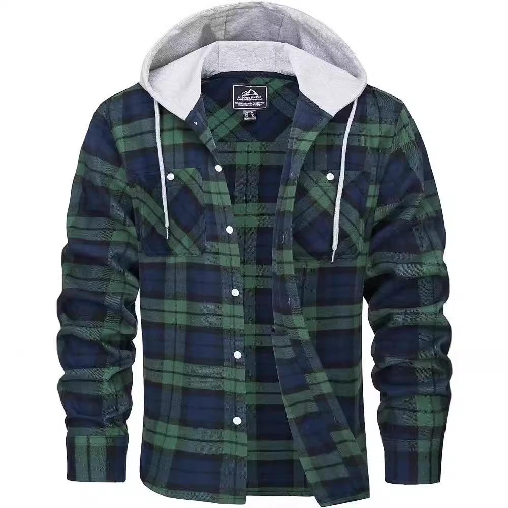 Pánská flanelová košile na podzim a zimu, bavlněná košile s dlouhým rukávem s kostkovaným vzorem, ležérní košile s kapucí