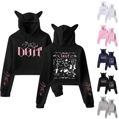 Stylish Women's Hooded Pullover Sweatshirt With Stray Kids Print, Trendy Long-sleeved Top.