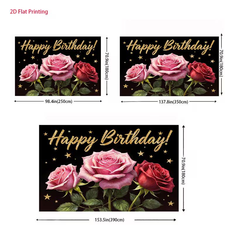 2D Pink Red Rose Happy Birthday Backdrop Black Gold Star Party Background