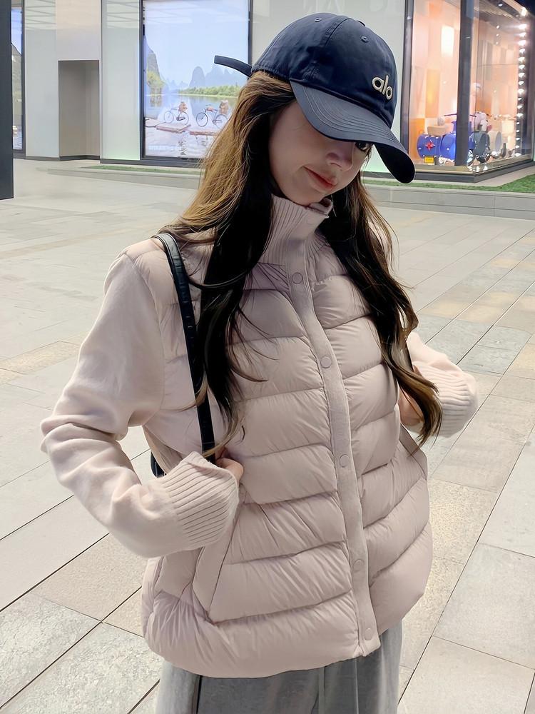 Knitted Ribbed Down Jacket for Women, Stand-collar Patchwork, Lightweight Short New White Duck Down Petite Base for Autumn and Winter