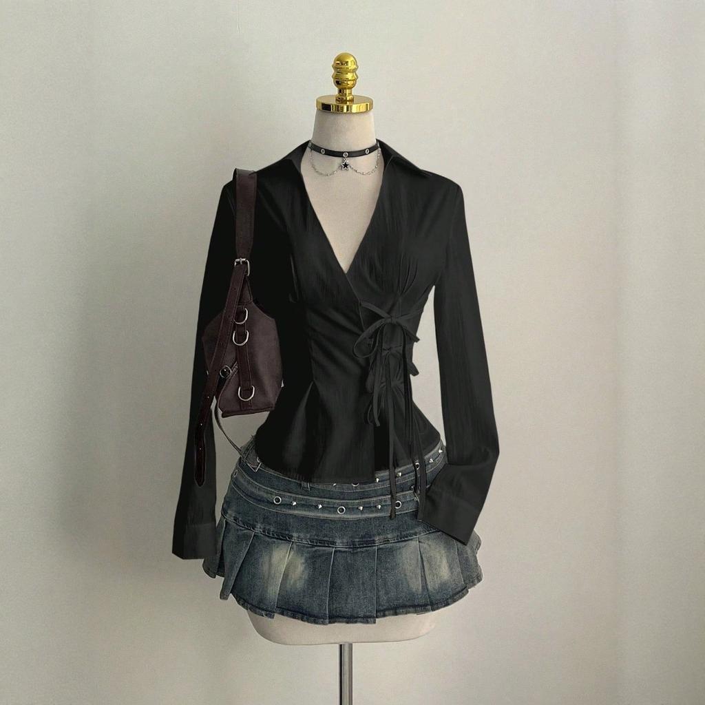 Women's Point Collar Long Sleeve Blouse Fitted Elegant Wrap Tie Side Casual Top