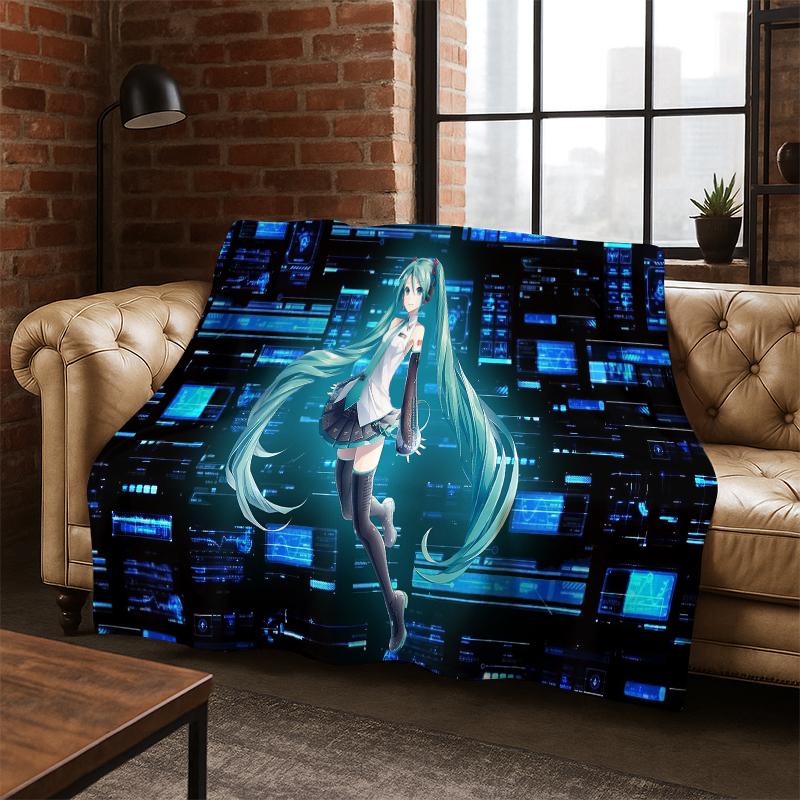 Cartoon M-MIKU Music Girl Flannel Blanket Soft Warm Blanket Throw Blanket for Bedroom Living Room Bed Travel Picnic Gift Kid