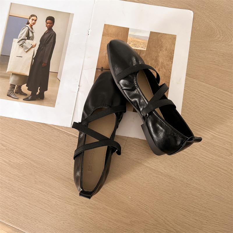 Comemore Spring Ballet Flat Shoes Women Soft Leather Square Toe Flat Mary Janes Shoe Casual Cross Strap Solid Flats Single Shoes