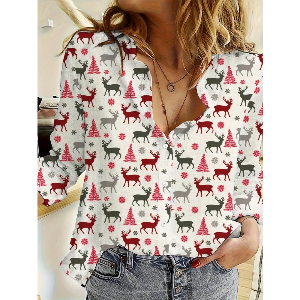 Magliette da donna a maniche lunghe con stampa 3D natalizia Blusa natalizia casual per feste Top con bottoni per donna Abbigliamento da esterno