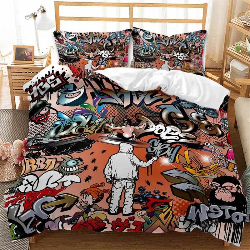 Graffiti Bettbezug Hip Hop Street Culture Print Bettwäscheset Mikrofaser Bunt Überlappende Blockige Buchstaben Kunst Bettdeckenbezug
