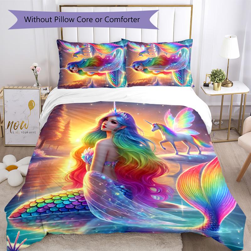 Mermaid 3pcs Bedding Set Duvet Cover Closure Includes 1 Duvet Cover & 2 Pillowcases for All Seasons Bedroom Home Dorm Decor