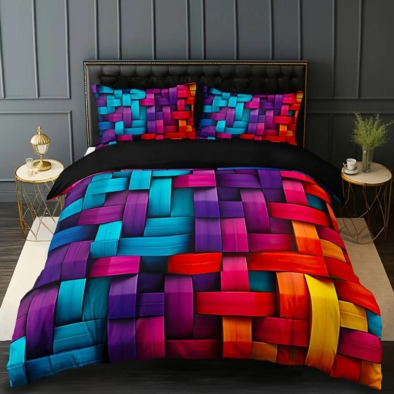 Geometric Colorful Plaid Duvet Cover Set Breathable Woven Polyester All-Season 3 Piece Set with 1 Duvet Cover and 2 Pillowcases