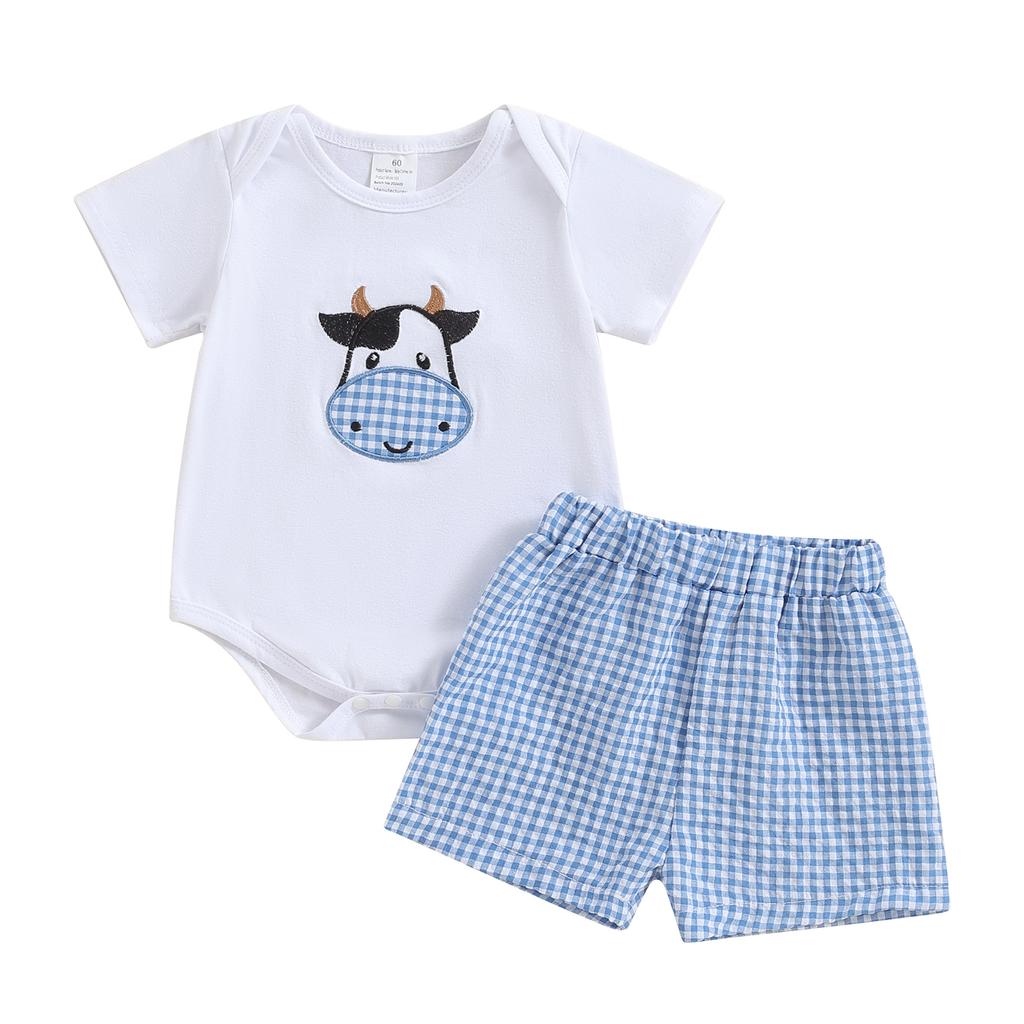 Baby 3-teiliges Frühlings-Outfit Kurzarm-Strampler + karierte Shorts + Stirnband-Set Säuglingskleidung