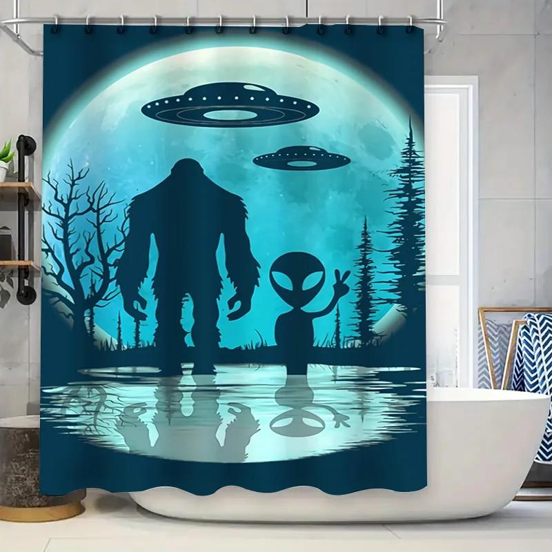 Tonnika Chen Blue/Black Spooky Alien Shower Curtain Set: Moonlit Forest Ufo Invasion Scene For Home Decor Bathroom Accessories Design