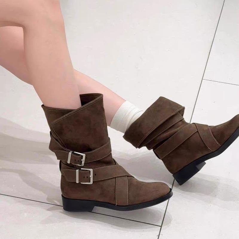 Sheepskin Version~ Korean Niche Round Head Thick Heel Cross Belt Buckle Martin Boots Folded Two Wear Cowboy Boots Women's Short Boots