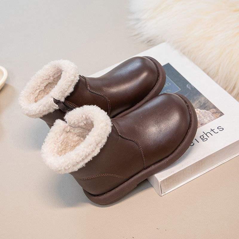 Girls' Non-slip Waterproof Leather Snow Boots with Soft Sole and Velvet Lining for All Seasons