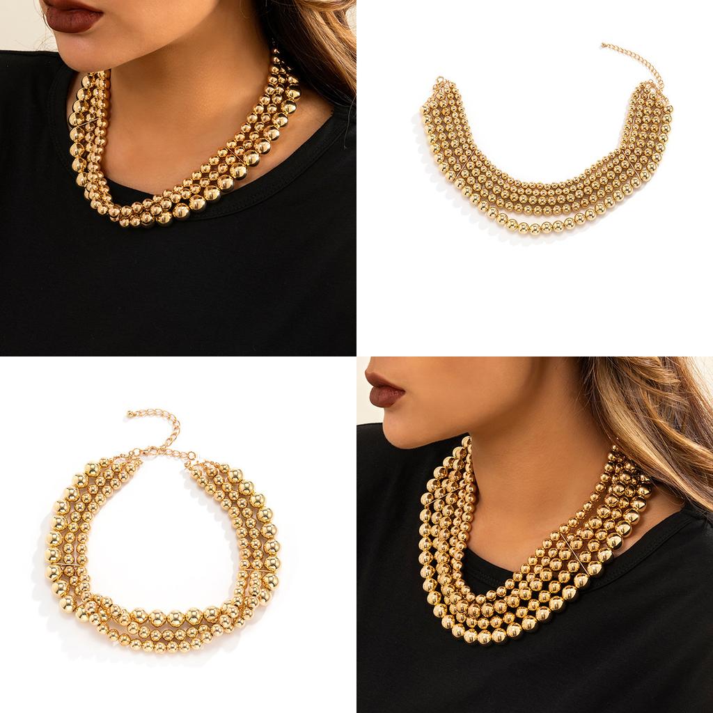 European and American Jewelry, Exaggerated Beaded Multi-layer Stacked Punk Necklace, Niche Simple Round Bead Chain Necklace Women
