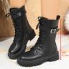 Fashion Women's Black PU Leather Mid Calf Boots Fashion Buckle Strap Platform Combat Boots Women Thick Sole Non Slip Motorcycle Shoes