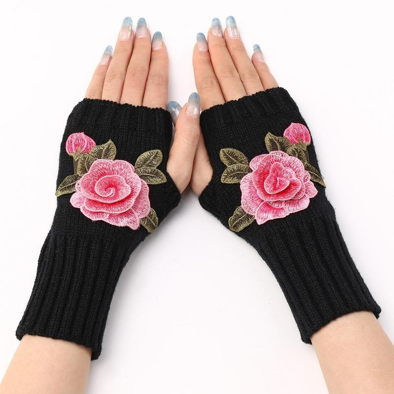 Botvotee Y2k Accessories Arm Warmers Sleeves for Women Flower Fashion Half Finger Knit Winter Arm Guard Black Fingerless Gloves