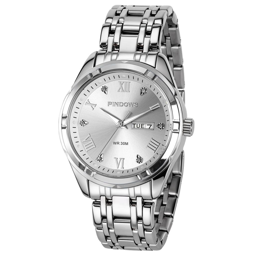 PINDOWS Luxury Business Dress Analog Quartz Water Luminous Date Stainless Steel Classic Business Casual Style Men's Watch, Diamond-Decorated, Style,